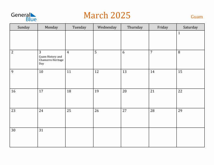 March 2025 Holiday Calendar with Sunday Start