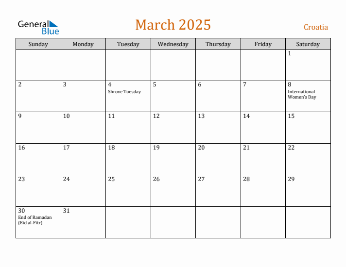 March 2025 Holiday Calendar with Sunday Start