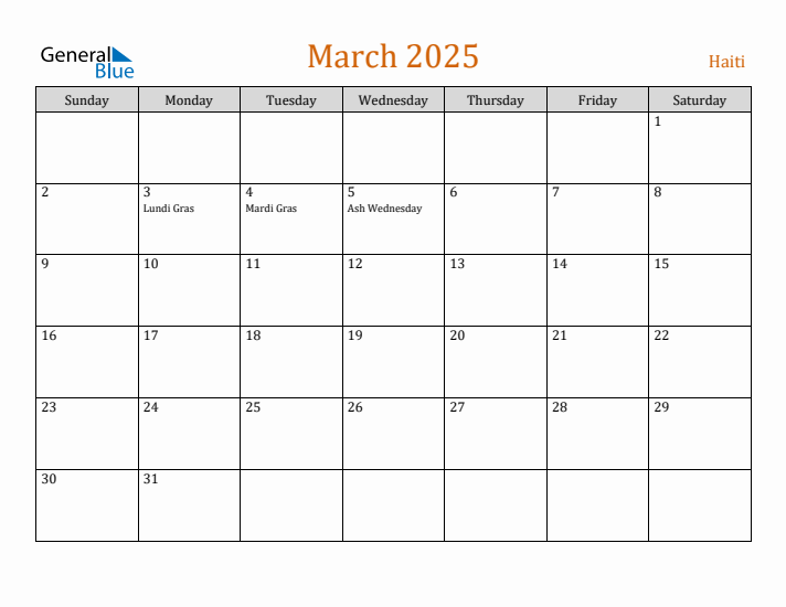 March 2025 Holiday Calendar with Sunday Start