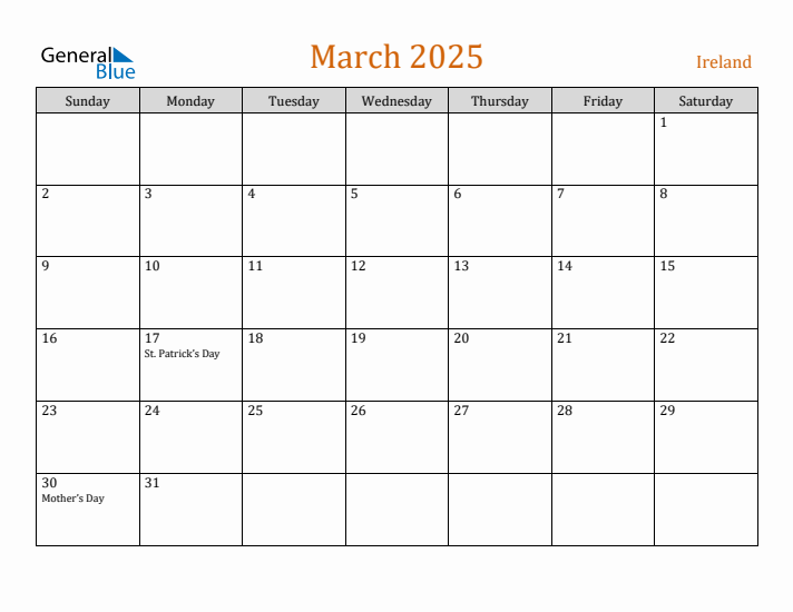 March 2025 Holiday Calendar with Sunday Start