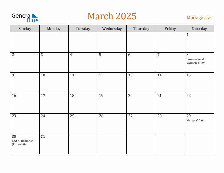 March 2025 Holiday Calendar with Sunday Start