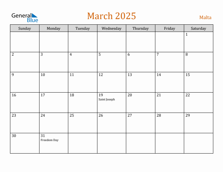 March 2025 Holiday Calendar with Sunday Start