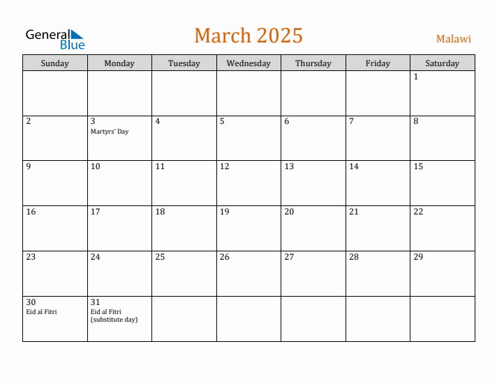 March 2025 Holiday Calendar with Sunday Start