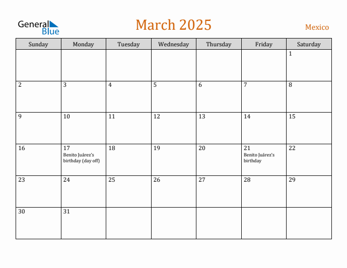 March 2025 Holiday Calendar with Sunday Start