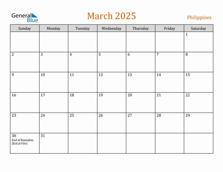 March 2025 Holiday Calendar with Sunday Start