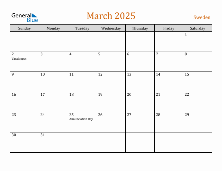 March 2025 Holiday Calendar with Sunday Start