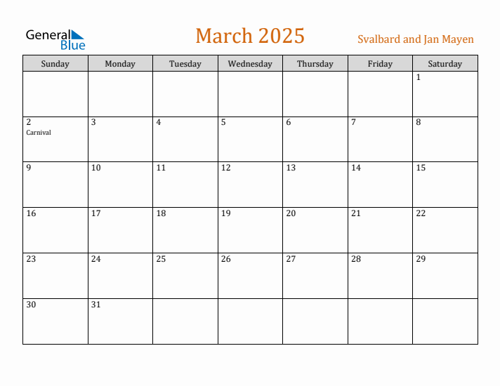 March 2025 Holiday Calendar with Sunday Start