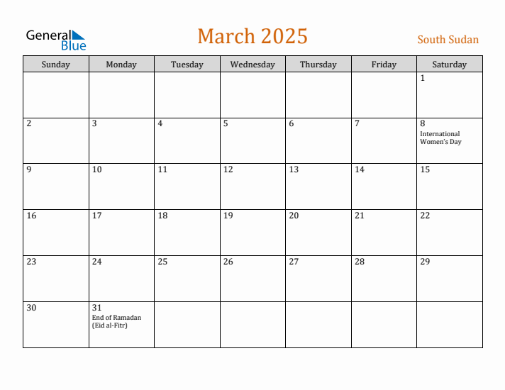 March 2025 Holiday Calendar with Sunday Start