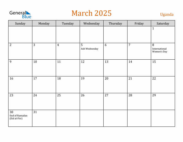 March 2025 Holiday Calendar with Sunday Start