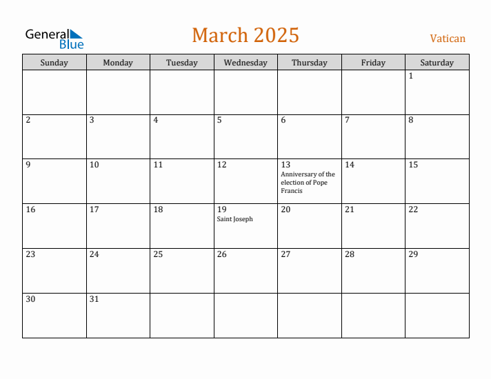 March 2025 Holiday Calendar with Sunday Start