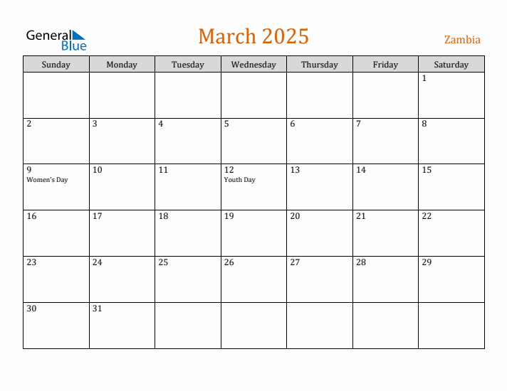 March 2025 Holiday Calendar with Sunday Start