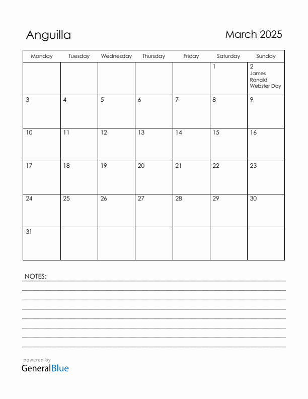 March 2025 Anguilla Calendar with Holidays (Monday Start)