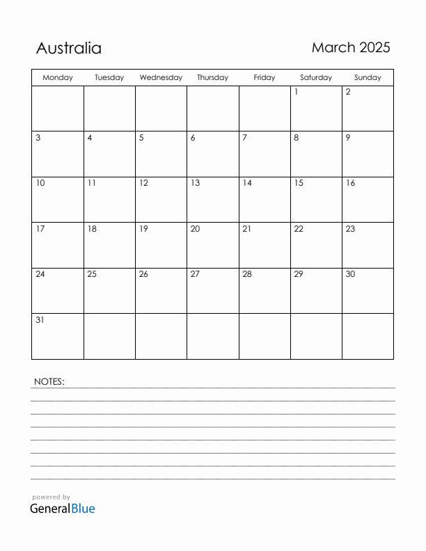 March 2025 Australia Calendar with Holidays (Monday Start)