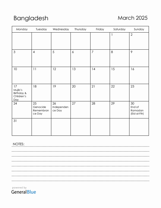 March 2025 Bangladesh Calendar with Holidays (Monday Start)