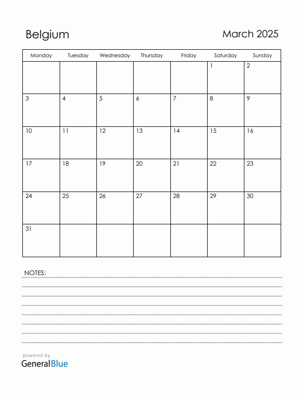 March 2025 Belgium Calendar with Holidays (Monday Start)