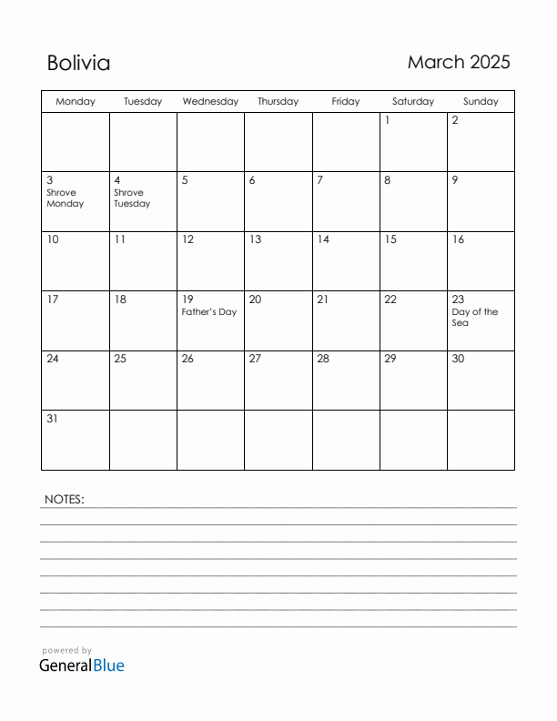 March 2025 Bolivia Calendar with Holidays (Monday Start)