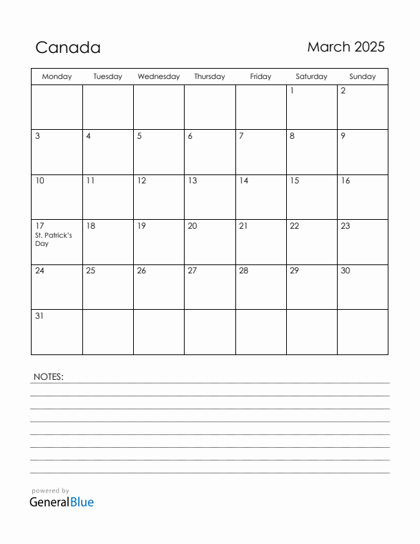 March 2025 Canada Calendar with Holidays (Monday Start)