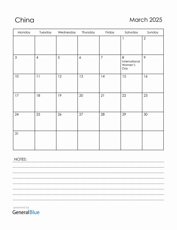 March 2025 China Calendar with Holidays (Monday Start)