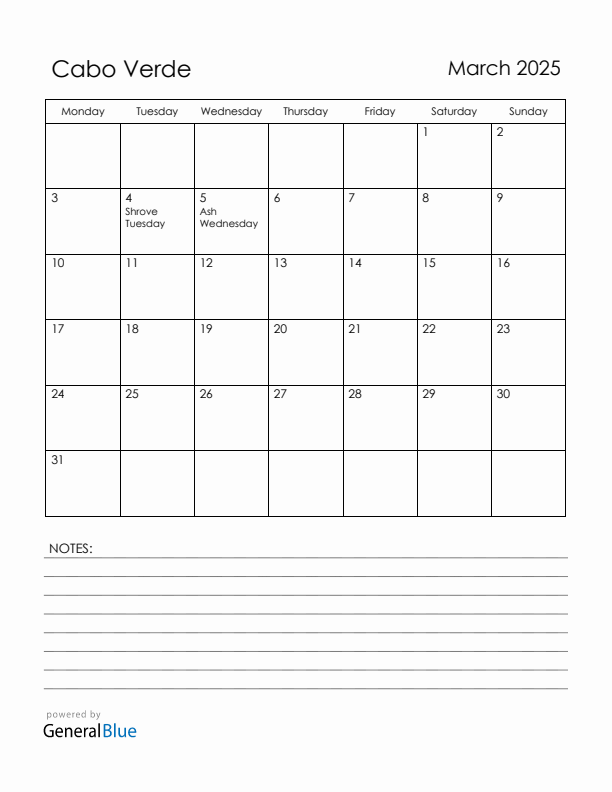 March 2025 Cabo Verde Calendar with Holidays (Monday Start)