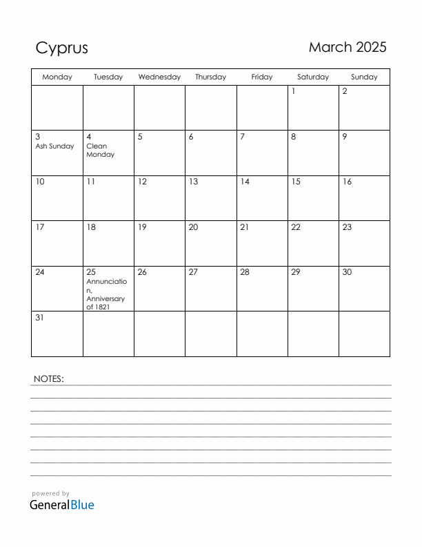 March 2025 Cyprus Calendar with Holidays (Monday Start)