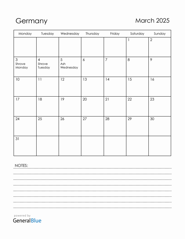 March 2025 Germany Calendar with Holidays (Monday Start)