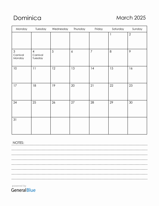 March 2025 Dominica Calendar with Holidays (Monday Start)