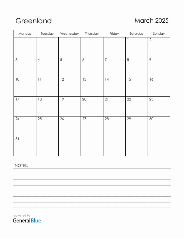 March 2025 Greenland Calendar with Holidays (Monday Start)