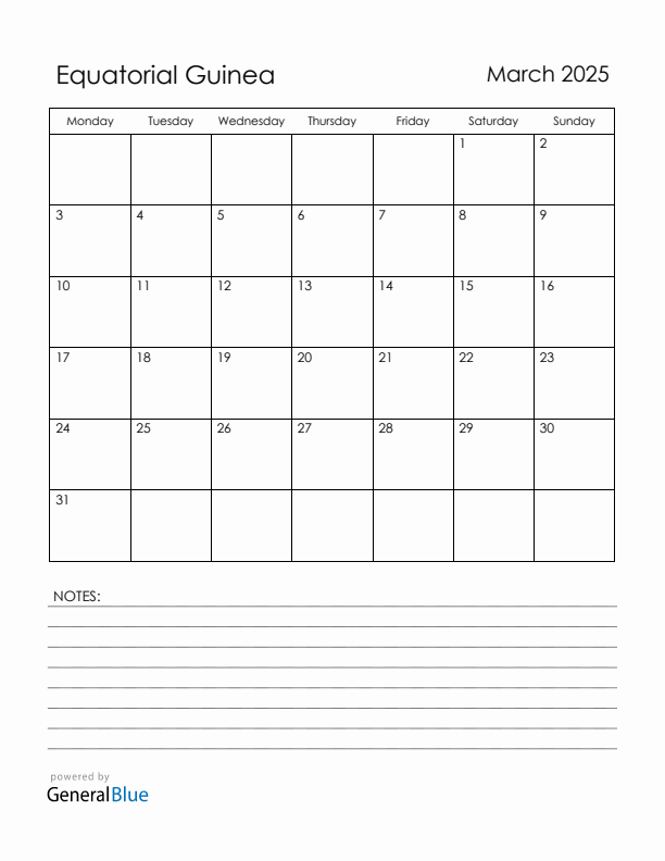 March 2025 Equatorial Guinea Calendar with Holidays (Monday Start)