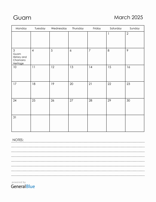 March 2025 Guam Calendar with Holidays (Monday Start)