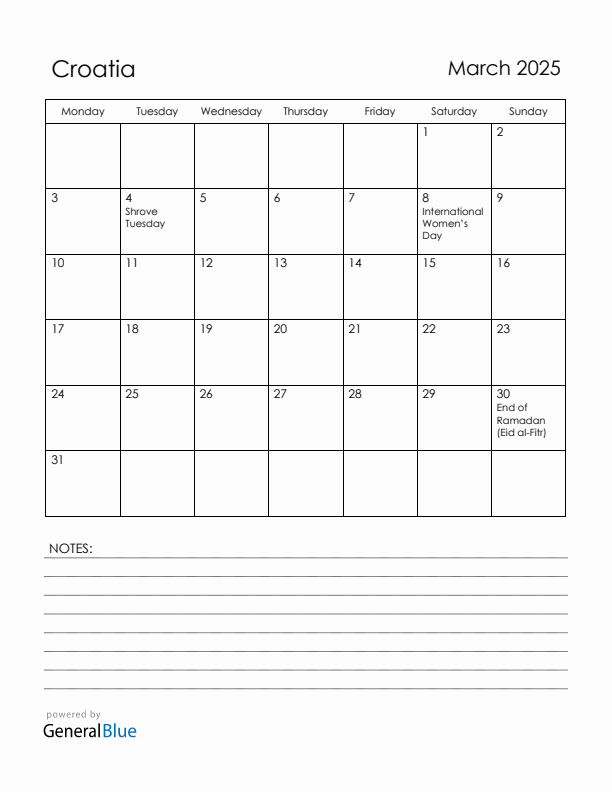 March 2025 Croatia Calendar with Holidays (Monday Start)