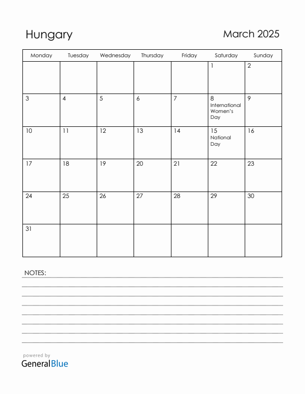 March 2025 Hungary Calendar with Holidays (Monday Start)