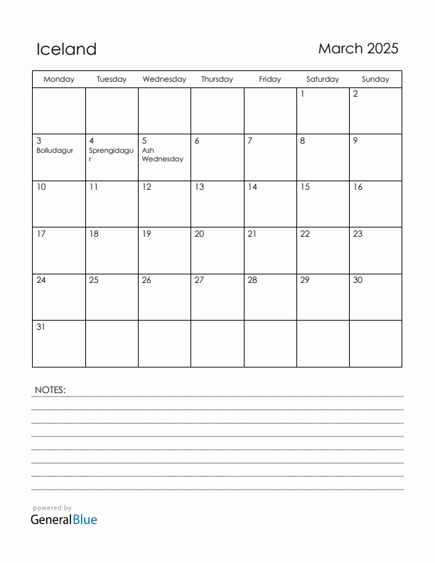 March 2025 Iceland Calendar with Holidays (Monday Start)