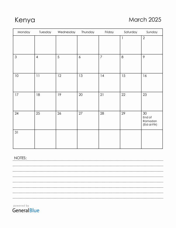 March 2025 Kenya Calendar with Holidays (Monday Start)