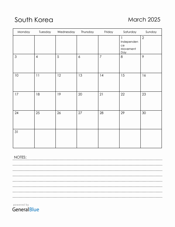 March 2025 South Korea Calendar with Holidays (Monday Start)