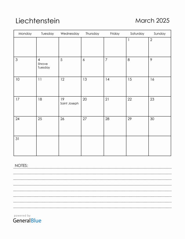 March 2025 Liechtenstein Calendar with Holidays (Monday Start)