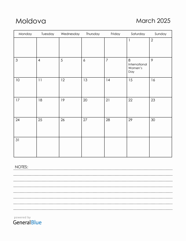 March 2025 Moldova Calendar with Holidays (Monday Start)