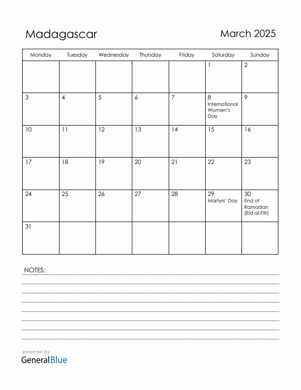 March 2025 Madagascar Calendar with Holidays (Monday Start)
