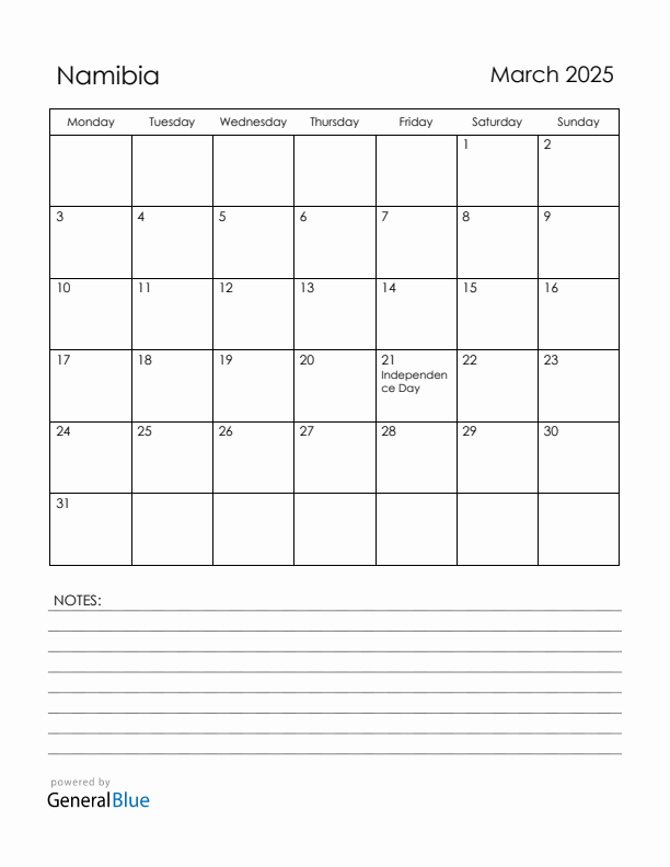 March 2025 Namibia Calendar with Holidays (Monday Start)