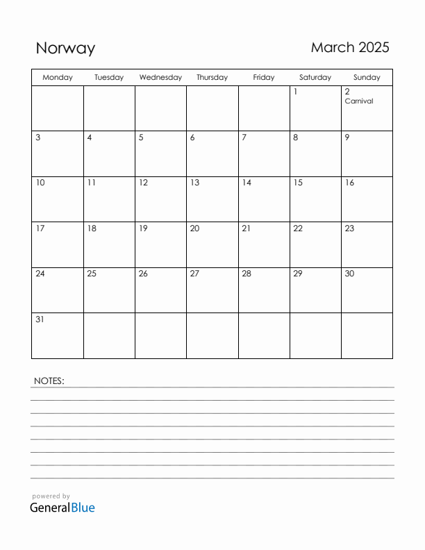 March 2025 Norway Calendar with Holidays (Monday Start)