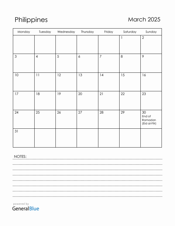 March 2025 Philippines Calendar with Holidays (Monday Start)