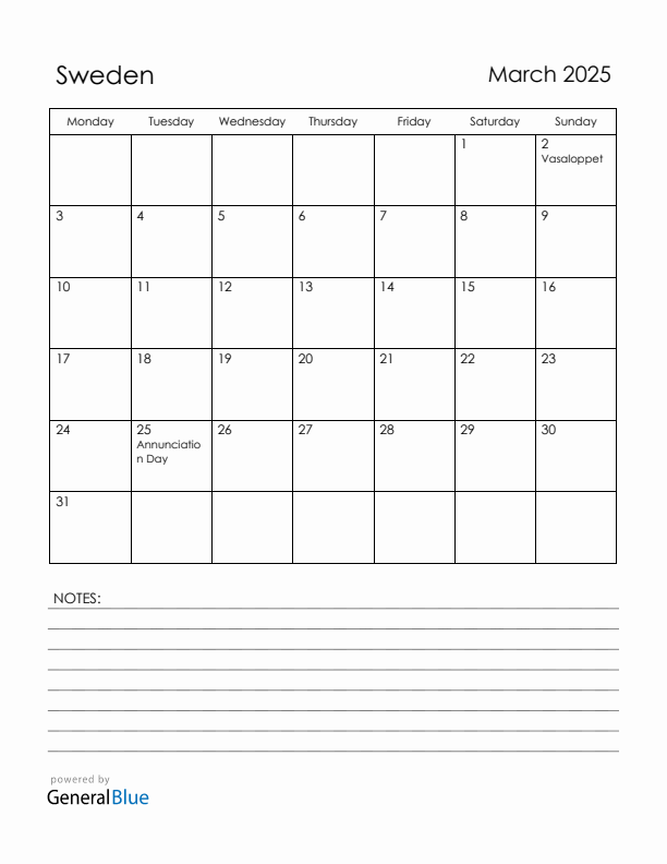 March 2025 Sweden Calendar with Holidays (Monday Start)