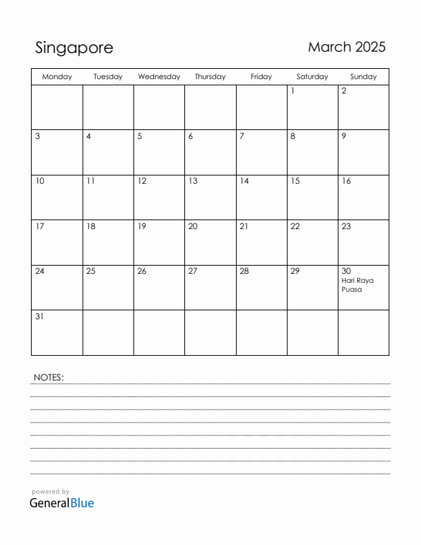 March 2025 Singapore Calendar with Holidays (Monday Start)