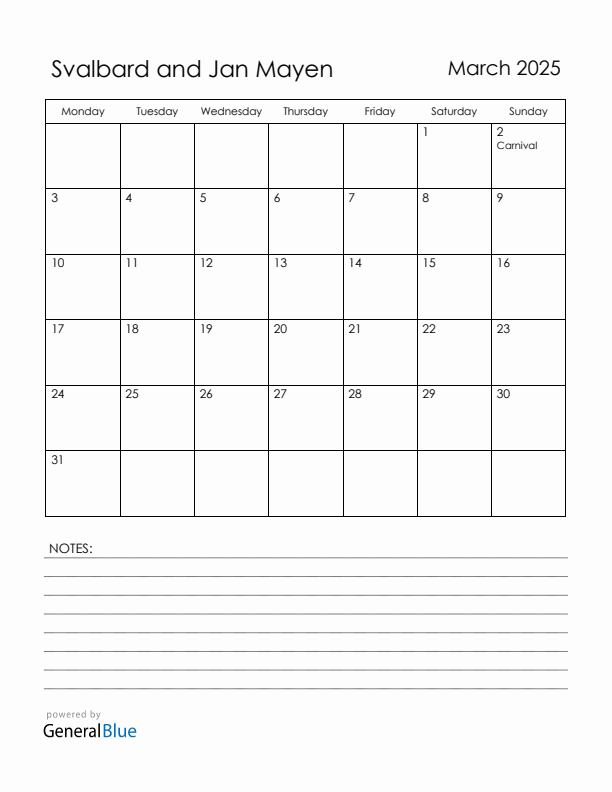 March 2025 Svalbard and Jan Mayen Calendar with Holidays (Monday Start)