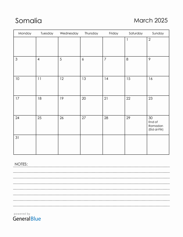 March 2025 Somalia Calendar with Holidays (Monday Start)