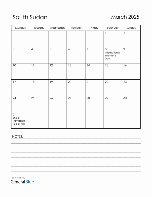 March 2025 South Sudan Calendar with Holidays (Monday Start)