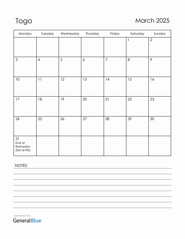 March 2025 Togo Calendar with Holidays (Monday Start)