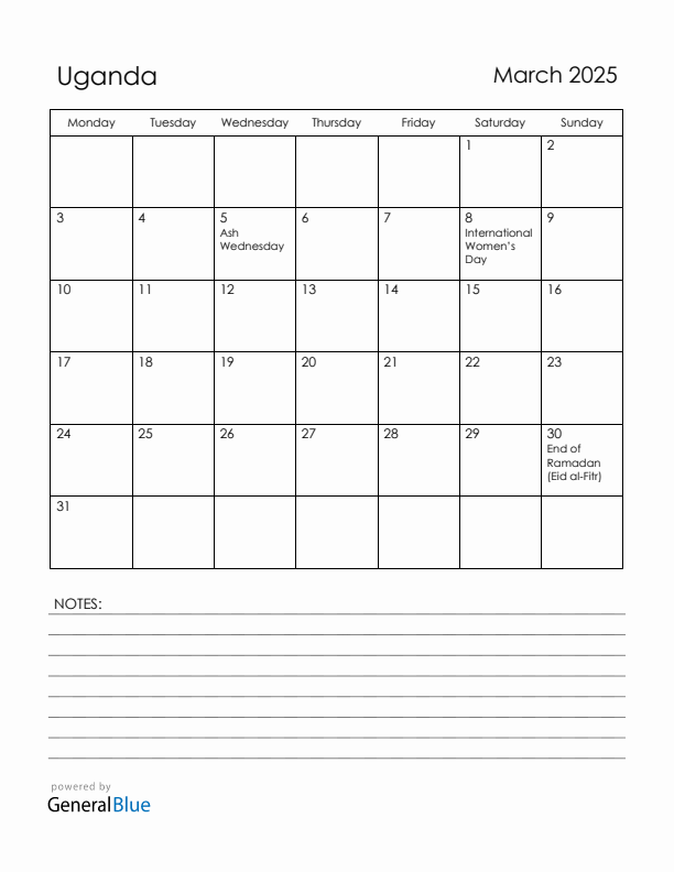 March 2025 Uganda Calendar with Holidays (Monday Start)