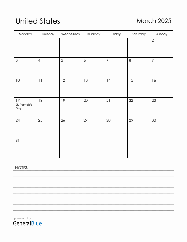 March 2025 United States Calendar with Holidays (Monday Start)