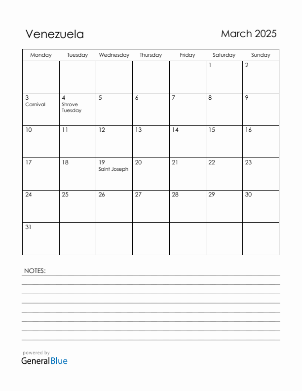 March 2025 Venezuela Calendar with Holidays (Monday Start)