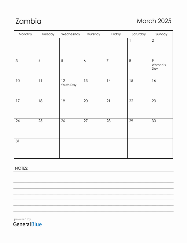 March 2025 Zambia Calendar with Holidays (Monday Start)